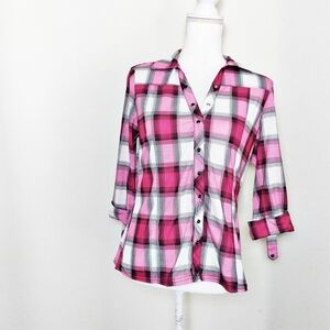 BONGO Pink Plaid Button Down With Lace Contrast Detail